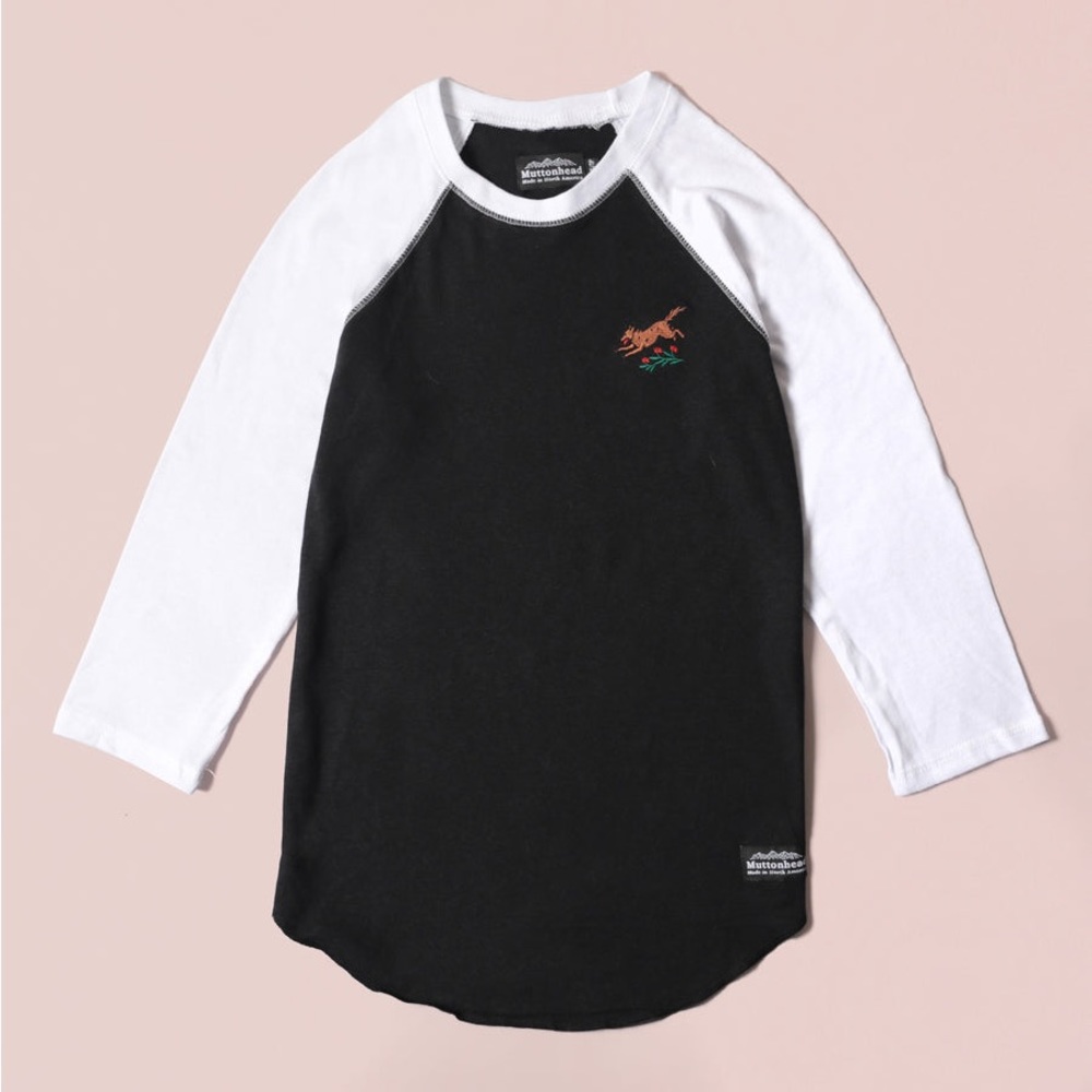 Muttonhead - Men’s Large Baseball Tee - Black/White - Wild Wolf Embroidery
